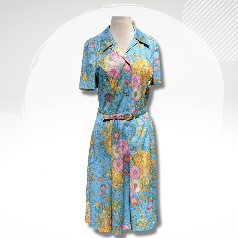 1970s Vintage Impressionist Floral Print Belted Dress